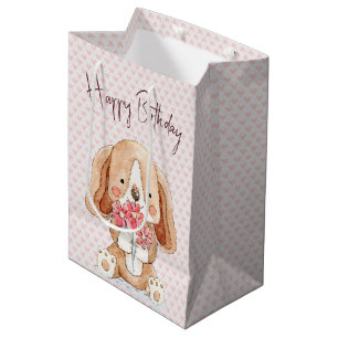 Birthday Dog with Flowers On Pink Hearts Medium Gift Bag