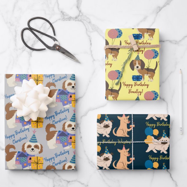 Birthday dogs and puppies with gifts and balloons  wrapping paper sheet (Front)