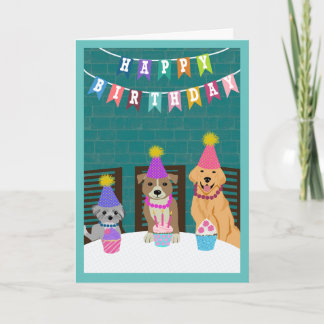 Birthday Dogs Sitting at Table Celebrating Card