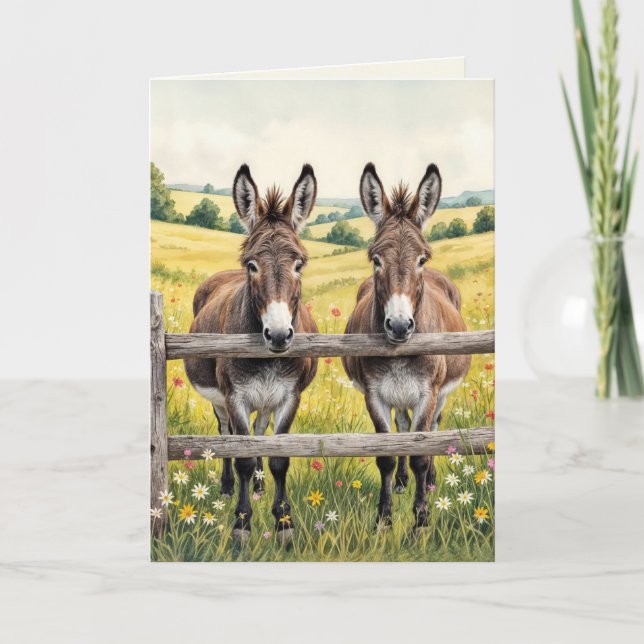 Birthday Donkeys Standing Behind a Fence Card (Front)