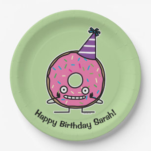 Birthday Doughnut pink icing sprinkles party hat Paper Plate