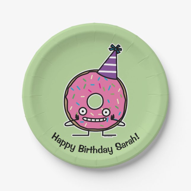 Birthday Doughnut pink icing sprinkles party hat Paper Plate (Front)
