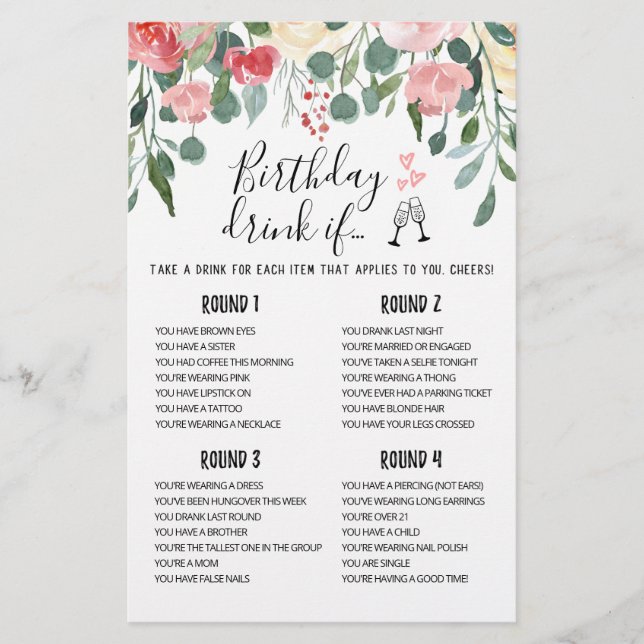 Birthday DRINK IF editable Birthday Party game (Front)