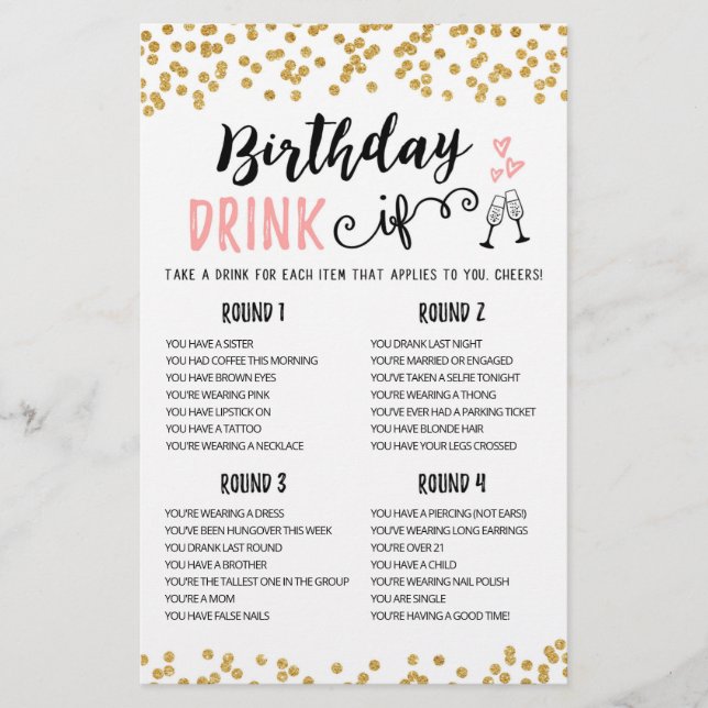 Birthday DRINK IF editable Birthday Party game (Front)