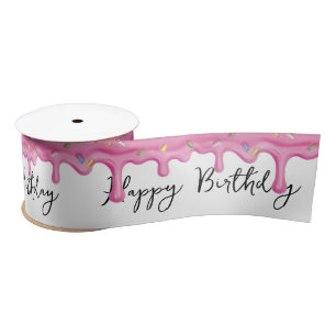 Birthday Dripping Pink Icing With Sprinkles Satin Ribbon