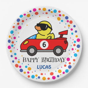 Birthday DUCK race car boy red racing kid name Paper Plate