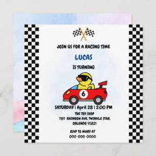 Birthday Duck race car boy red racing kids name Thank You Card