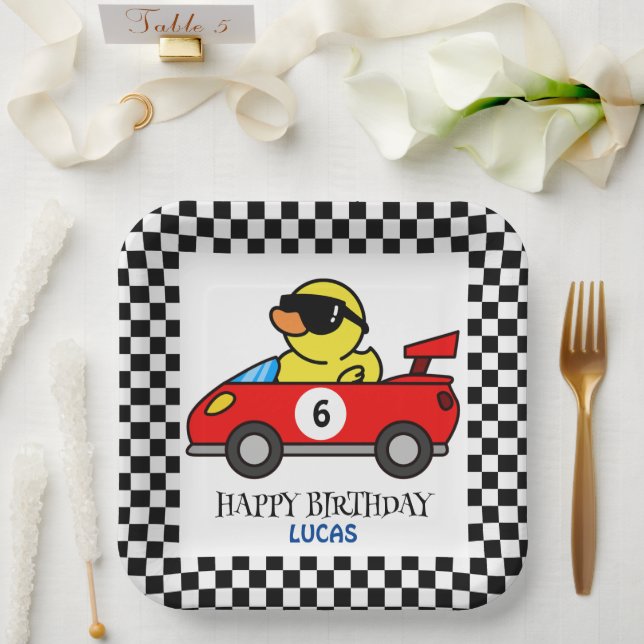 Birthday Duck race car red boy kid name Paper Plate (Wedding)