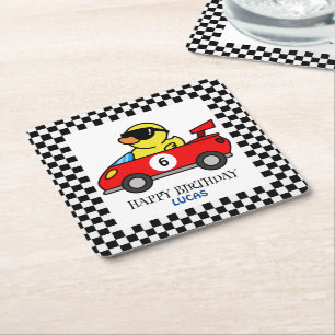 Birthday Duck race car red boy kid name Square Paper Coaster