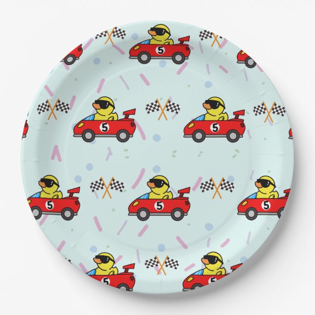 Birthday Duck race car red racing boy kid name Paper Plate (Front)