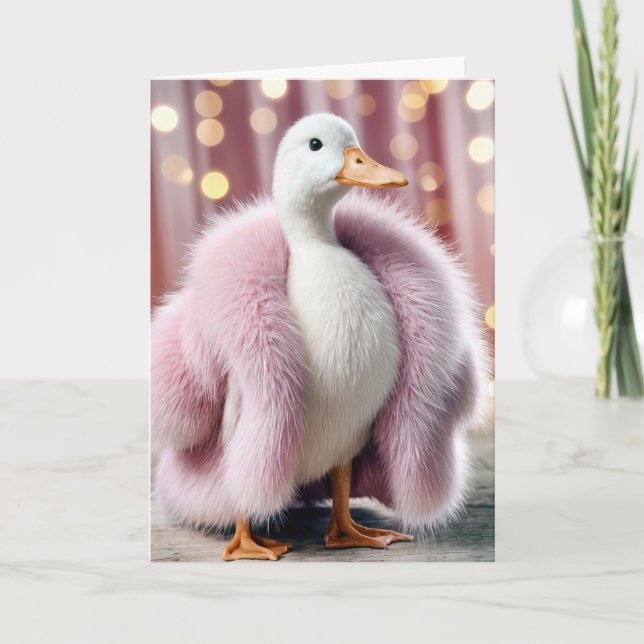 Birthday Duck Wearing a Pink Fur Coat Card (Front)
