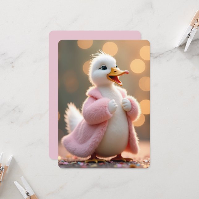 Birthday Duck Wearing a Pink Fur Coat Invitation (Front/Back In Situ)