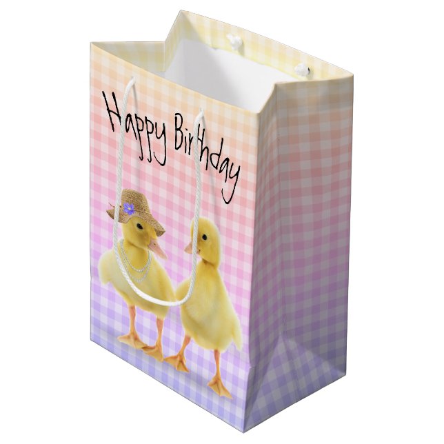 Birthday Ducklings On Ginhgam Medium Gift Bag (Front Angled)