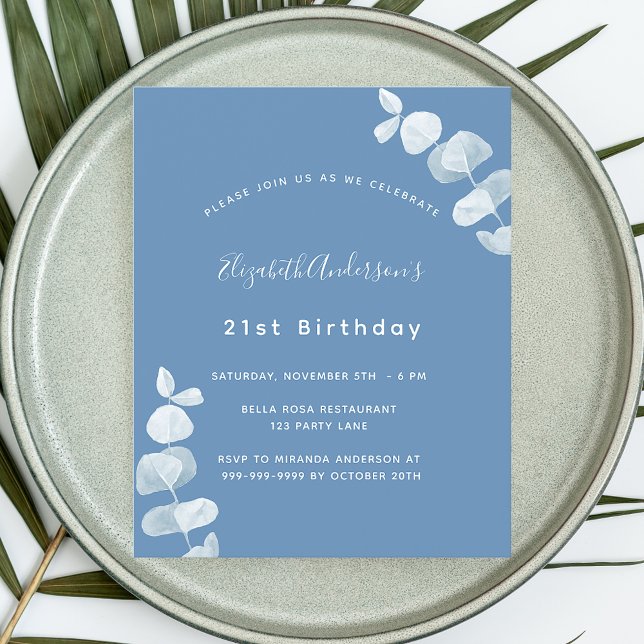 Birthday dusty blue eucalyptus budget invitation flyer (Creator Uploaded)