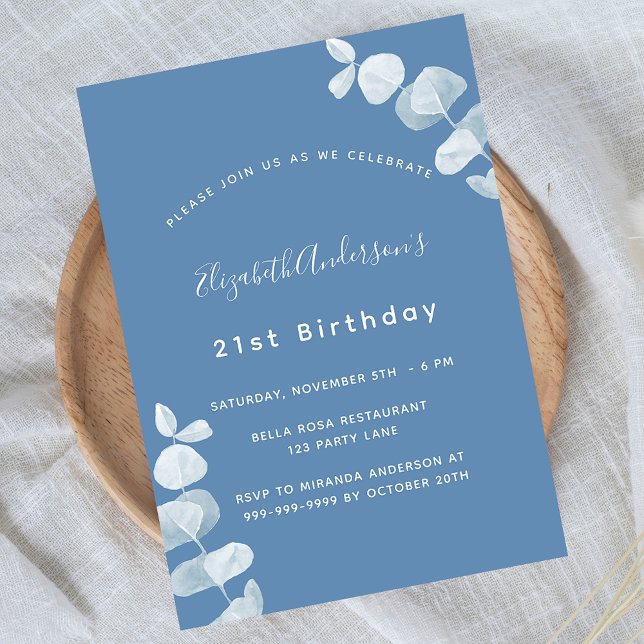 Birthday dusty blue eucalyptus luxury invitation (Creator Uploaded)