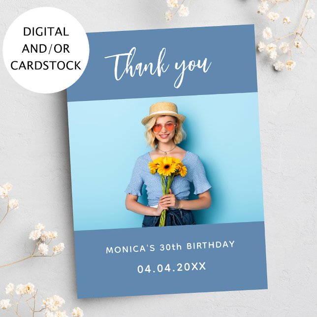 Birthday dusty blue photo thank you card (Creator Uploaded)