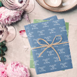 Birthday dusty blue sage green white name wrapping paper sheet<br><div class="desc">Elegant,  trendy party wrapping paper sheets. Dusty blue and sage green backgrounds,  white text.  2 sheets with dusty blue,  one sage green.
Personalise and add a name and age.</div>