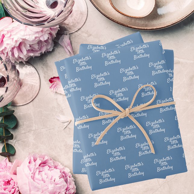 Birthday dusty blue white name wrapping paper sheet (Creator Uploaded)