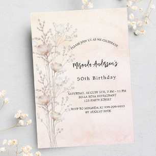 Birthday dusty cream wildflowers pink invitation postcard