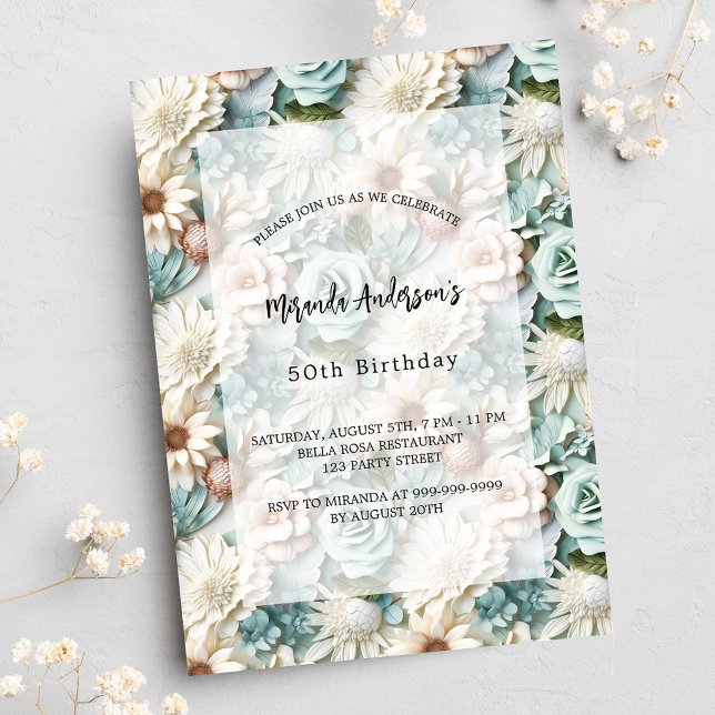 Birthday dusty green white floral luxury invitation (Creator Uploaded)