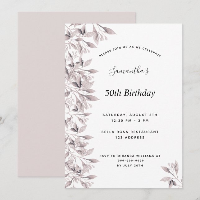 Birthday dusty rose white botanical floral modern invitation (Front/Back)