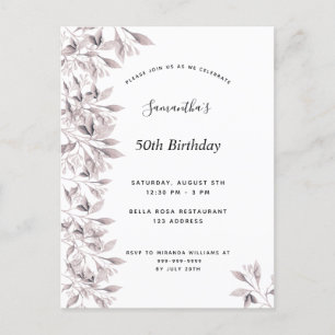 Birthday dusty rose white botanical floral modern invitation postcard