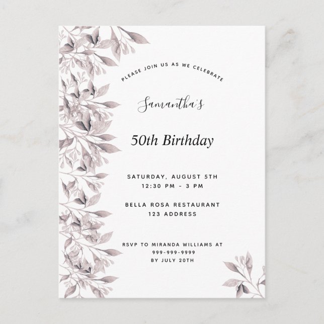 Birthday dusty rose white botanical floral modern invitation postcard (Front)