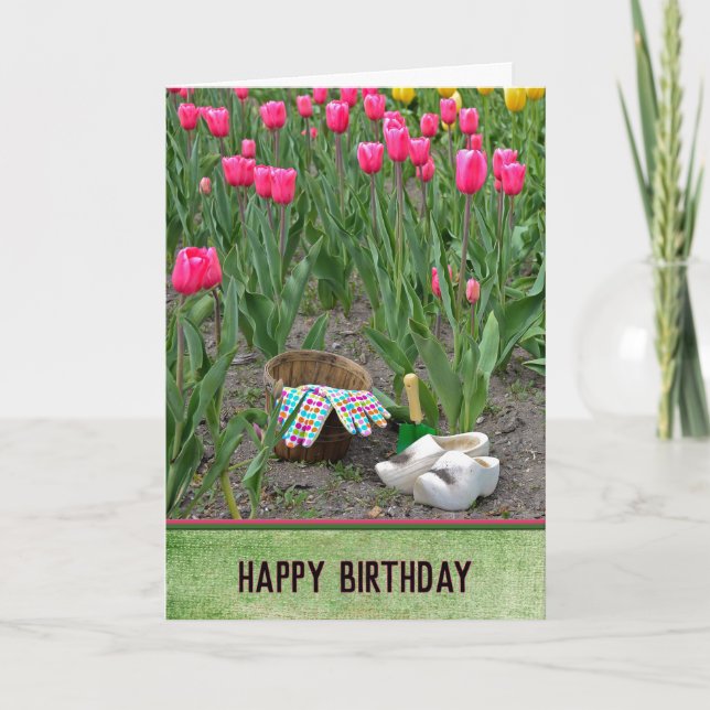 Birthday Dutch Wooden Shoes In Tulip Garden  Card (Front)
