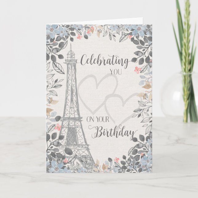Birthday Eiffel Tower with Floral Frame  Card (Front)