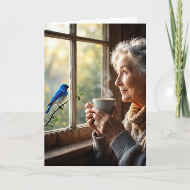 Birthday Elderly Woman Watching a Bluebird Card (Front)