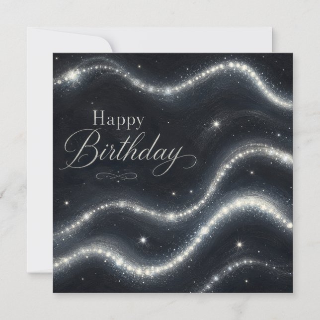 Birthday Elegant Black Silver Diamond Waves Card (Front)