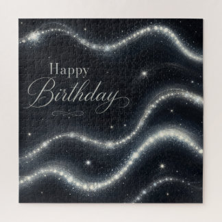 Birthday Elegant Black Silver Diamond Waves Jigsaw Puzzle
