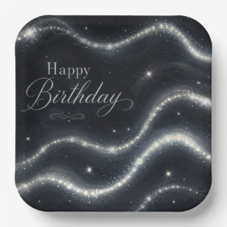 Birthday Elegant Black Silver Diamond Waves Paper Plate