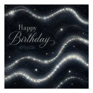Birthday Elegant Black Silver Diamond Waves Poster