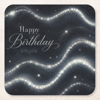 Birthday Elegant Black Silver Diamond Waves Square Paper Coaster