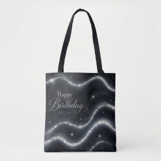 Birthday Elegant Black Silver Diamond Waves Tote Bag