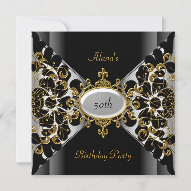 Birthday Elegant Black Silver Gold Party 50th Invitation (Front)