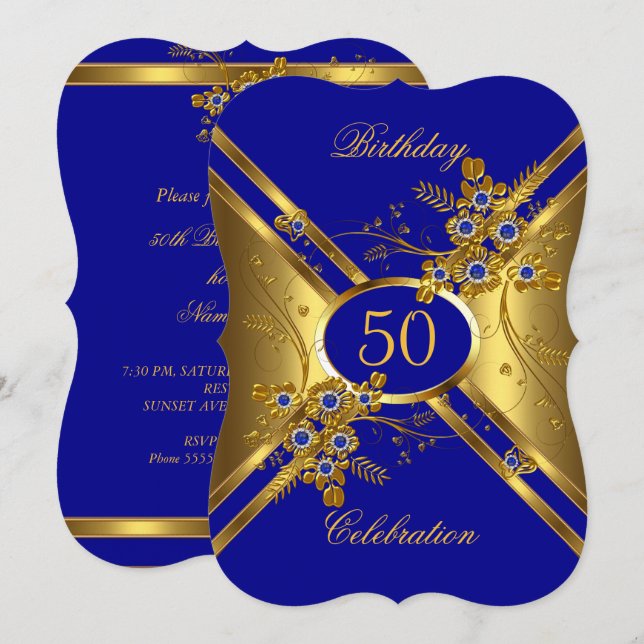 Birthday Elegant Gold Royal Blue Floral Invitation (Front/Back)