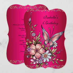 Birthday Elegant Pink Fushia Floral Butterfly Invitation