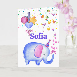 Birthday Elephant Add Name Age Cute Kids Card