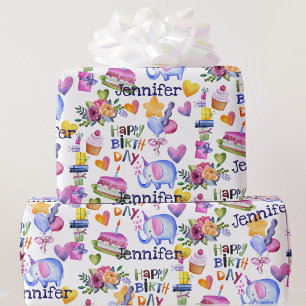 Birthday Elephant Balloons Hearts Add Name Cute Wrapping Paper
