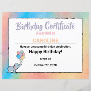Birthday Elephant Bunch of Balloons Certificate