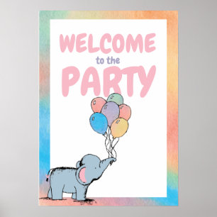 Birthday Elephant Pastel Bunch of Balloons Drawing Poster