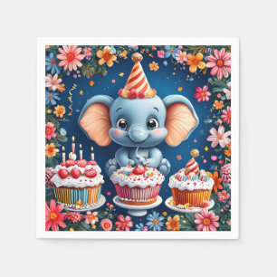 Birthday elephant with cake and balloons napkin