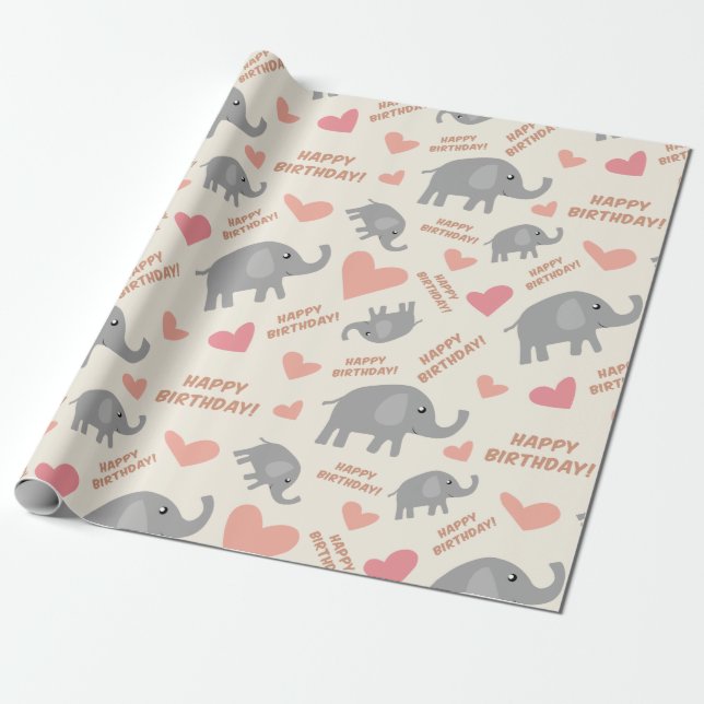 Birthday Elephants Wrapping Paper (Unrolled)