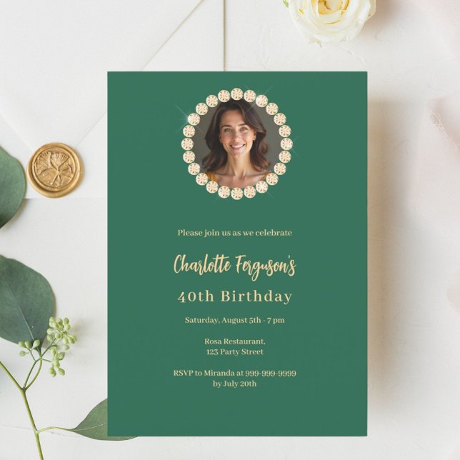 Birthday emerald green gold diamond photo invitation (Creator Uploaded)