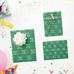 Birthday emerald green name script wrapping paper sheet