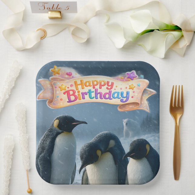 Birthday emperor penguin nine square paper plates (Wedding)