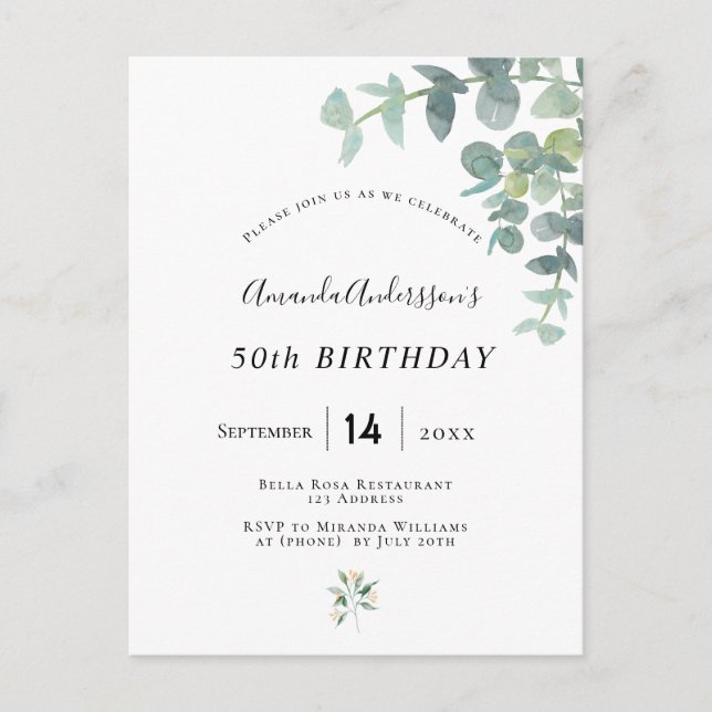 Birthday eucaluptus geenery white invitation postcard (Front)