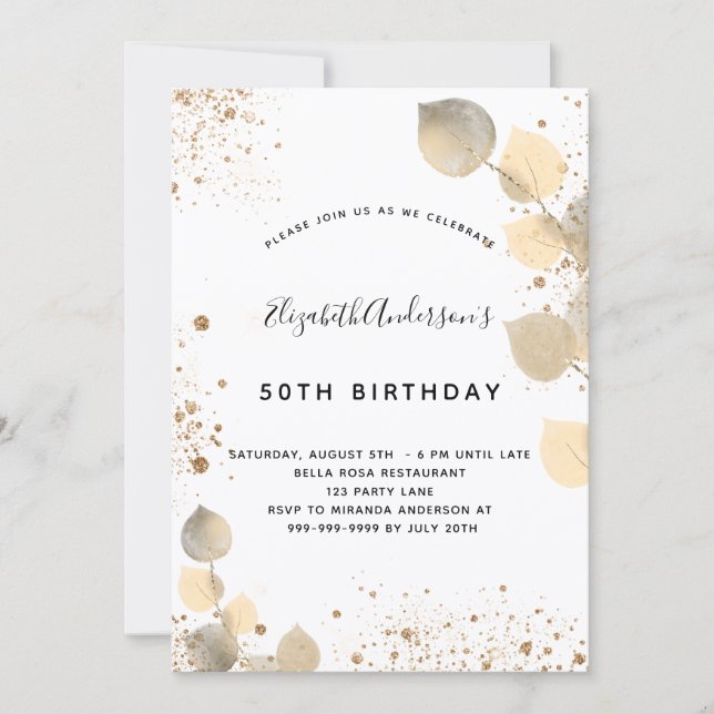 Birthday eucalyptus foliage glitter golden invitation (Front)